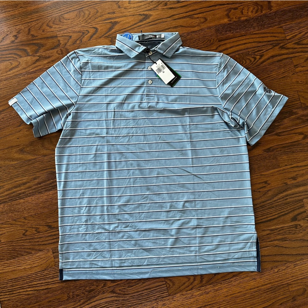 NWT RLX Ralph Lauren Men’s XL Blue Striped Golf Short Sleeve Performance Polo